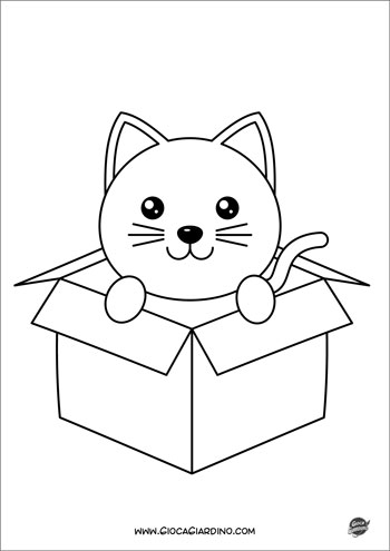 Gattino Kawaii dentro una scatola - disegno da colorare per bambini