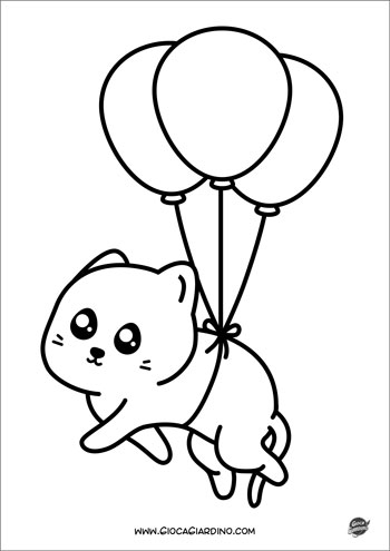 Gattino kawai con palloncini - disegno da colorare per bambini