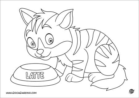 Gatto con ciotola di latte - disegno da colorare per bambini