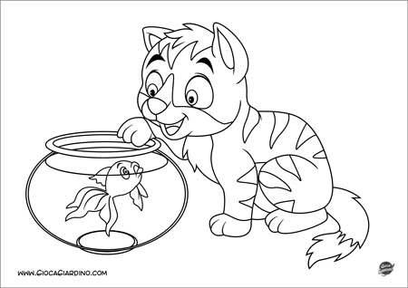 gatto che gioca con un pesciolino in una boccia d'acqua - disegno da colorare per bambini