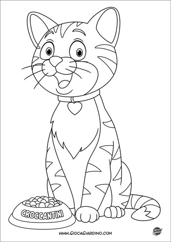 Gatto seduto con ciotola di croccantini e collare - disegno da colorare per bambini
