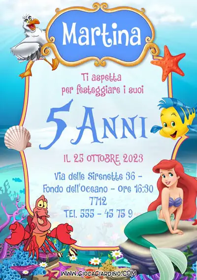 Invito compleanno tema la sirenetta da compilare e stampare