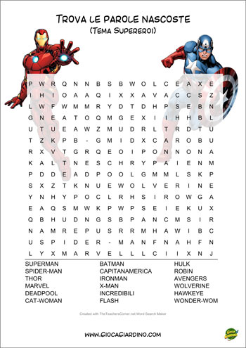 Trova le parole nascoste per bambini da stampare - Tema Supereroi