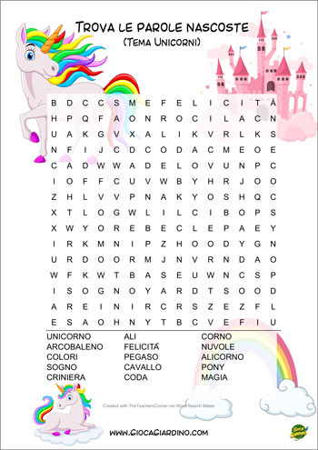 Trova le parole nascoste per bambini da stampare - tema unicorni