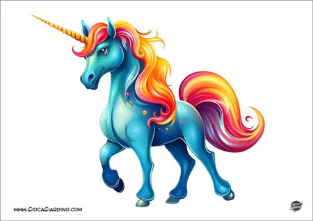 Unicorno azzurro con criniera multicolor da stampare