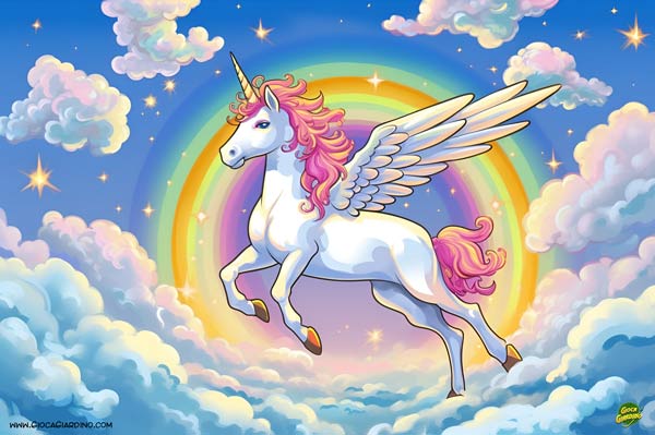 Unicorno Alato nel Cielo con Arcobaleno con sfondo da stampare