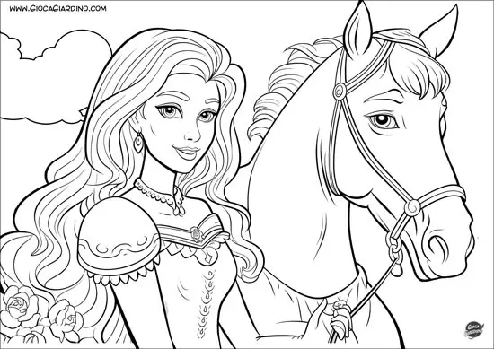 Disegno di un cavallo con una principessa da colorare