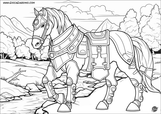 Disegno di un cavallo con l'armatura da colorare 