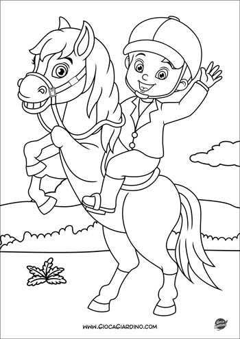 Disegno di un cavallo con un fantino bambino da colorare 
