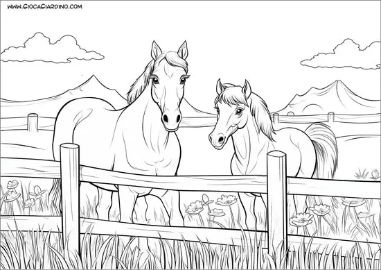 Disegno di un cavallo con un puledro da colorare