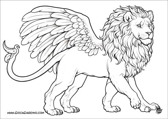 Disegno da colorare di un leone con le ali - realistico