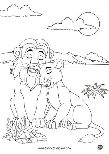 Disegno da colorare di un leone e una leonessa - stile cartone animato
