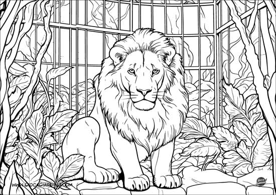 Disegno da colorare di un leone nella gabbia - realistico