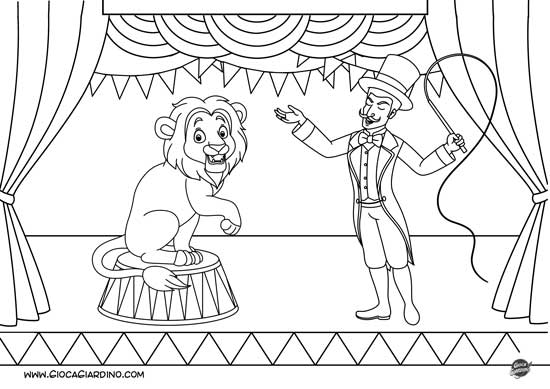 Disegno da colorare di un leone in un circo con un domatore - stile cartone animato