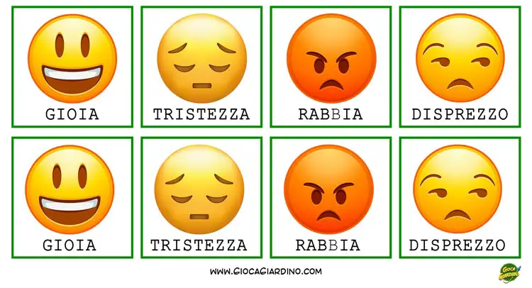 Memory sulle emozioni per bambini da stampare - esempio - con emoticons