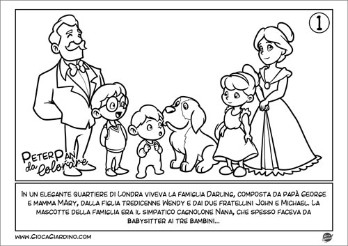 La famiglia Darling- Peter Pan in sequenze da colorare per bambini