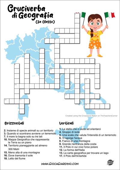 Cruciverba di geografia per bambini della terza classe da stampare