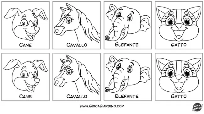 memory degli animali da stampare e colorare per bambini - tessere  - cane, cavallo, elefante, gatto