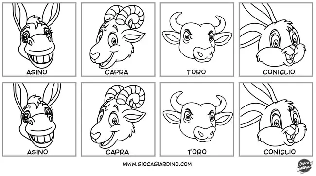 memory degli animali da stampare e colorare per bambini - tessere  - asino, capra, toro, coniglio