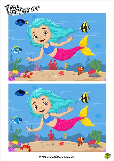 Trova le differenze da stampare per bambini a tema sirena