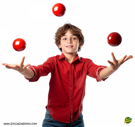 Bambino fa giocoleria con 3 palline