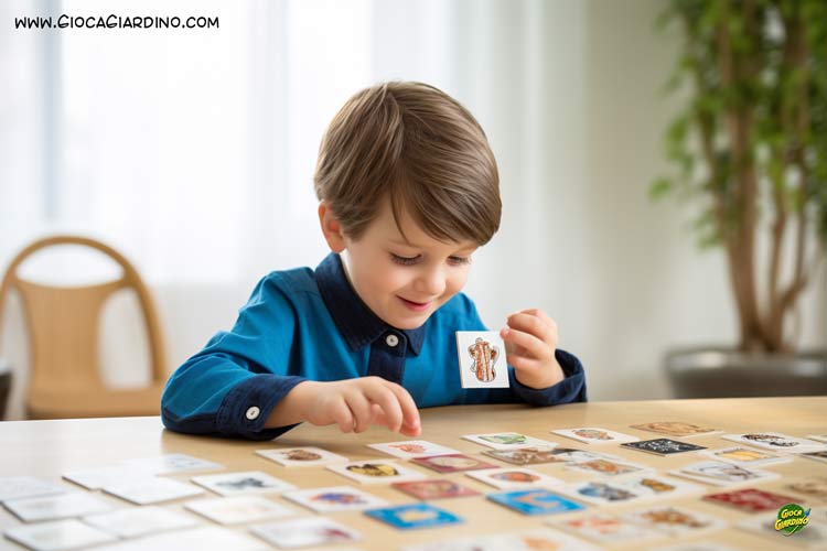 bambino gioca al memory con delle tessere sul tavolo