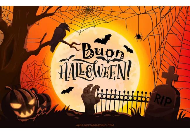 scritta buon halloween da stampare gratis con zucche, tombe, mano di zombie, pipistrelli