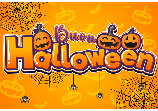 scritta buon halloween per bambini da stampare gratis con zucche e ragnatele