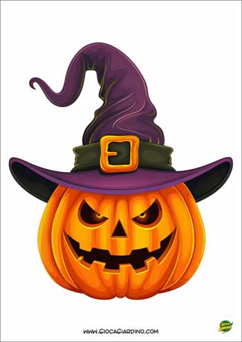 zucca di Halloween con cappello da strega da stampare e ritagliare per decorazioni e lavoretti